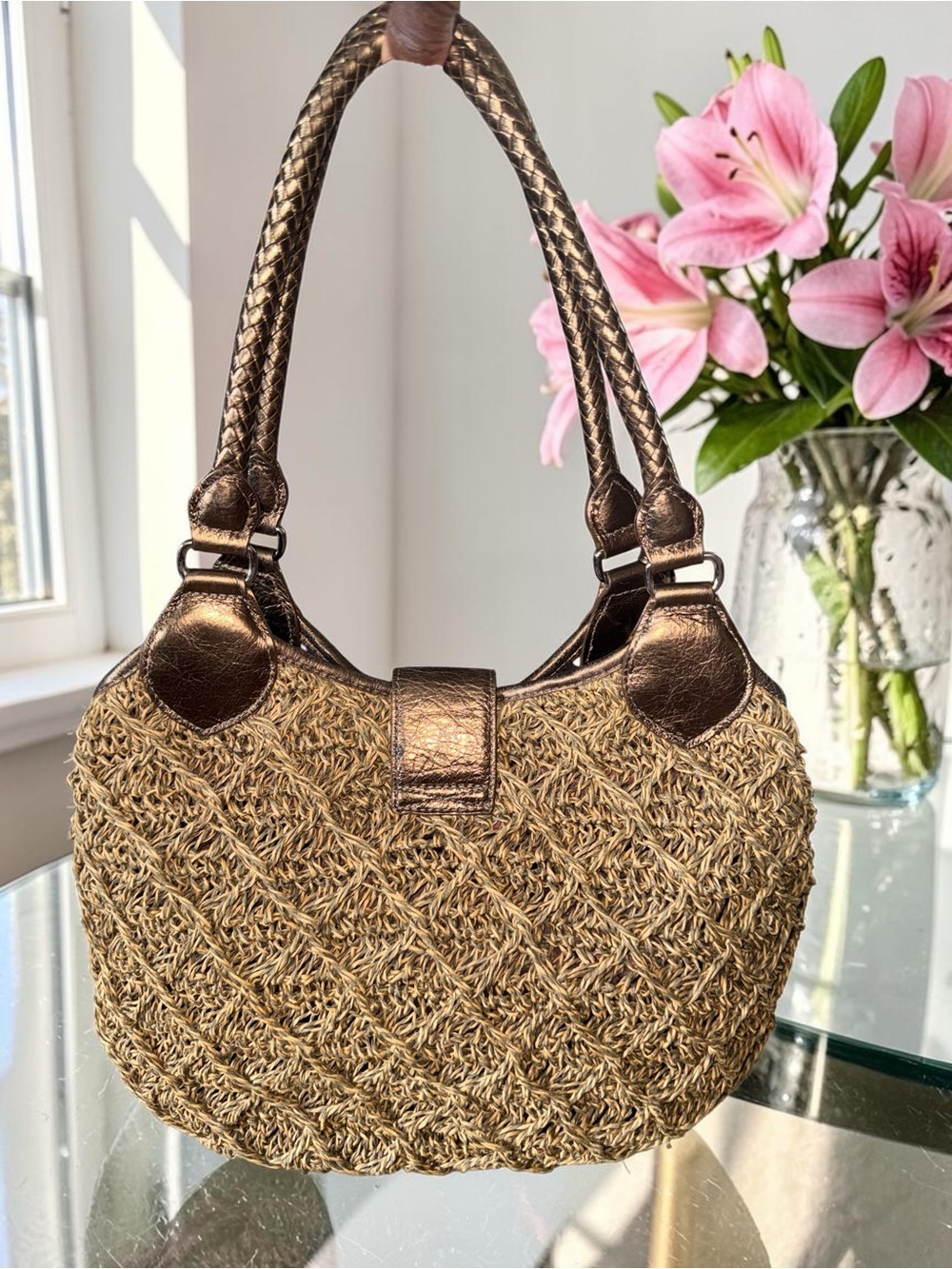 Brighton Raven Woven Raffia & Metallic Bronze Leather Hobo Bag EUC - Picture 3 of 14
